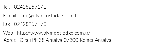 Olympos Lodge Hotel telefon numaralar, faks, e-mail, posta adresi ve iletiim bilgileri